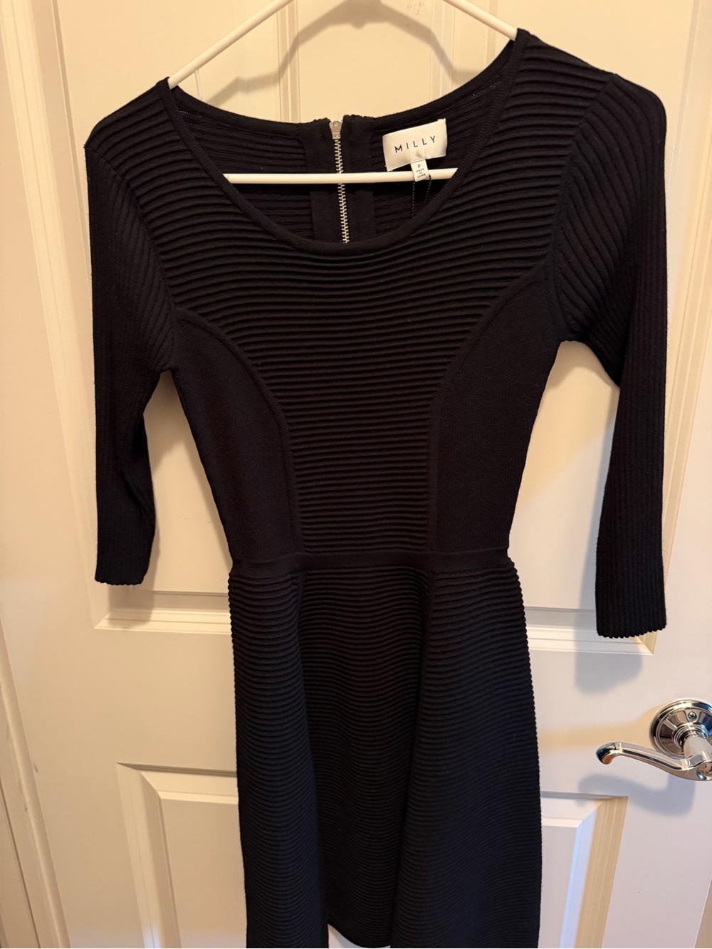 Milly Black Ribbed Long-Sleeve Fit-and-Flare Dress